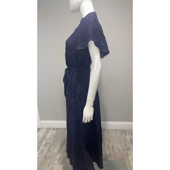 Women's Shoshanna Navy Jacquard Ruffle Sleeve Belted Midi Dress Size 6 - Picture 9 of 12